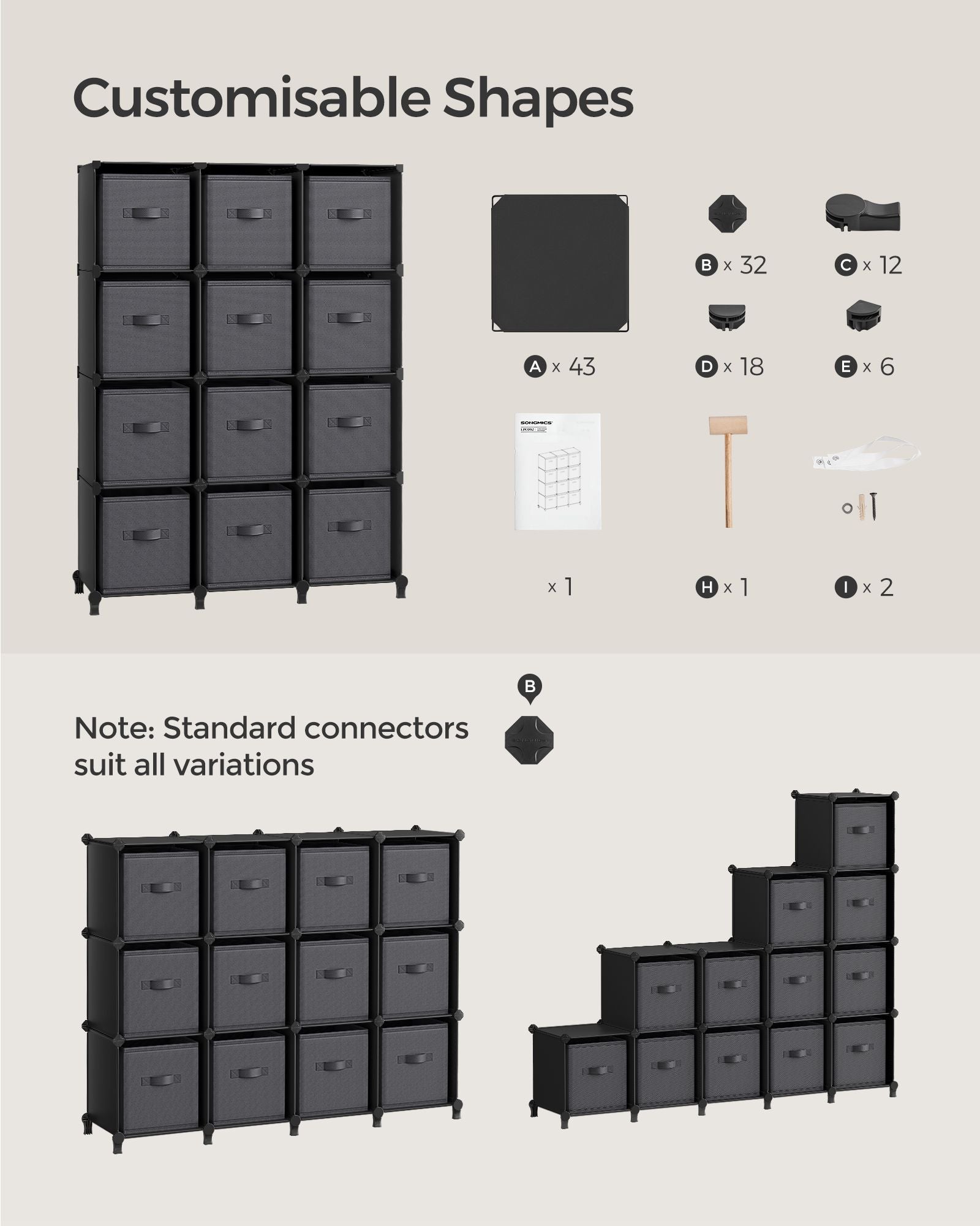 Cube Organiser – Non-Woven Fabric – Ink Black and Dove Grey – Customisable Shape with 12 Storage Boxes
