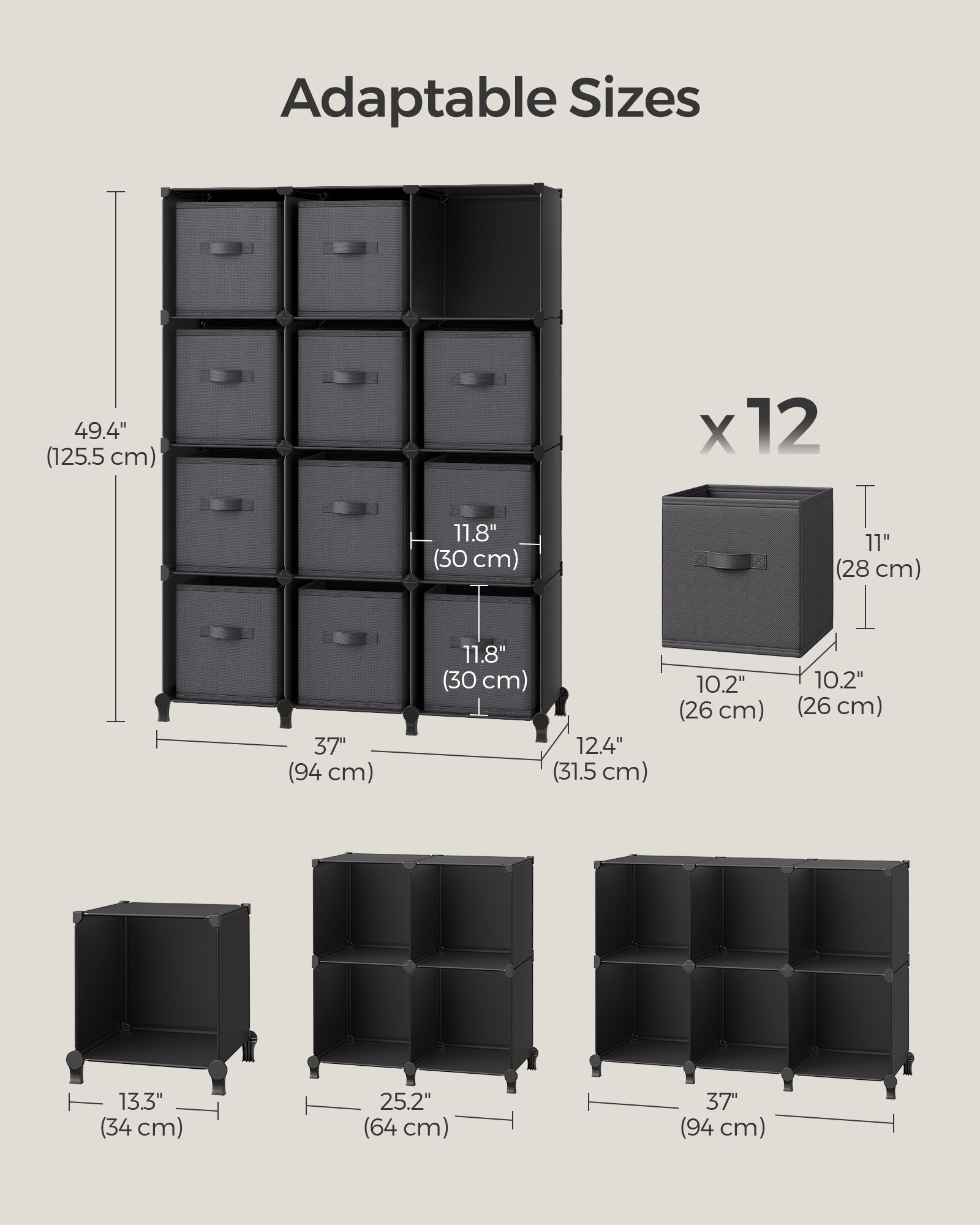 Cube Organiser – Non-Woven Fabric – Ink Black and Dove Grey – Customisable Shape with 12 Storage Boxes