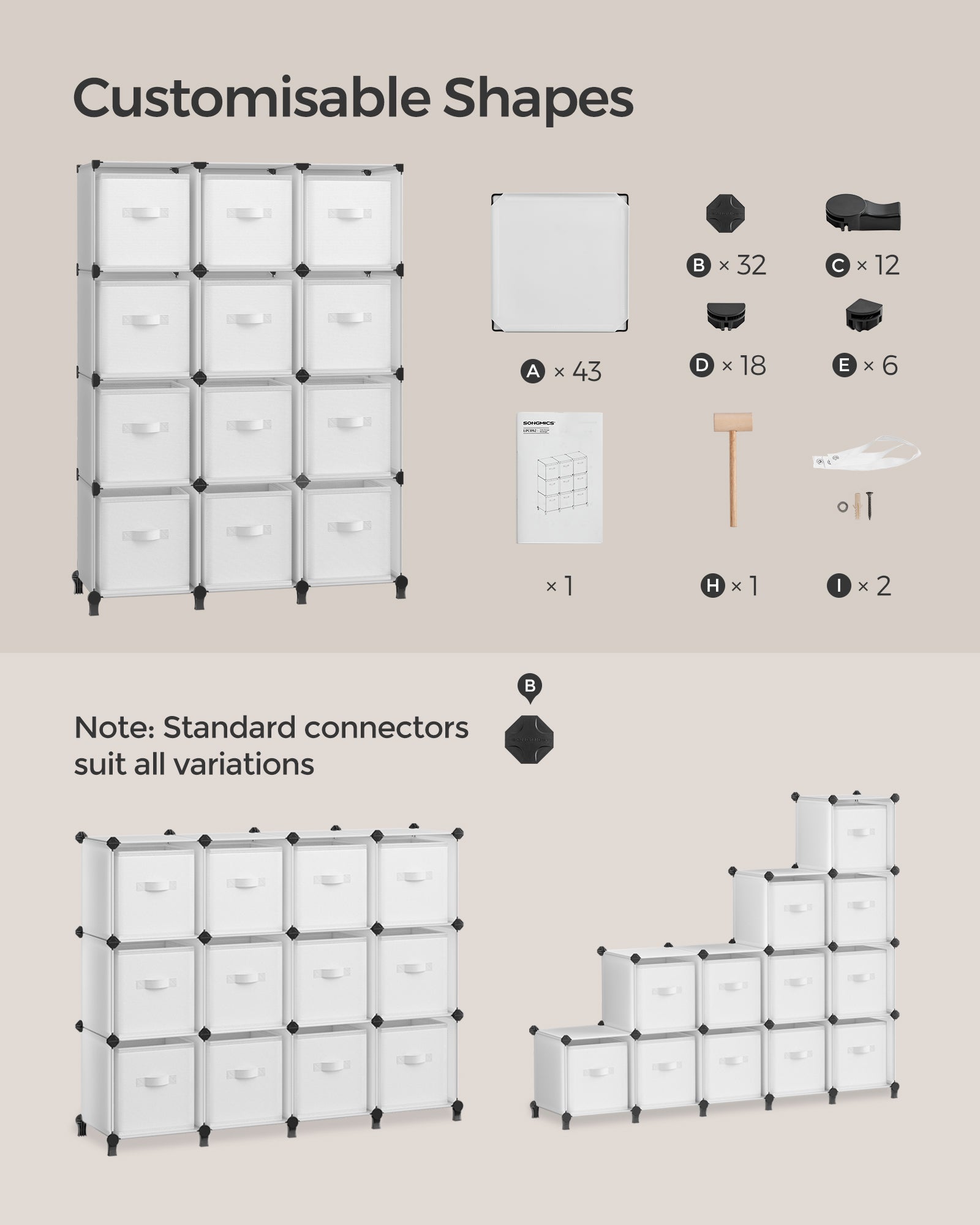 Cube Storage Organiser – Non-Woven Fabric – Cloud White – Customisable Shape with 12 Storage Boxes