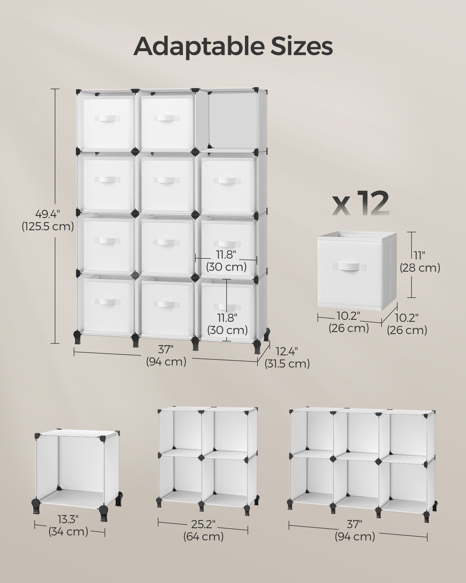 Cube Storage Organiser – Non-Woven Fabric – Cloud White – Customisable Shape with 12 Storage Boxes