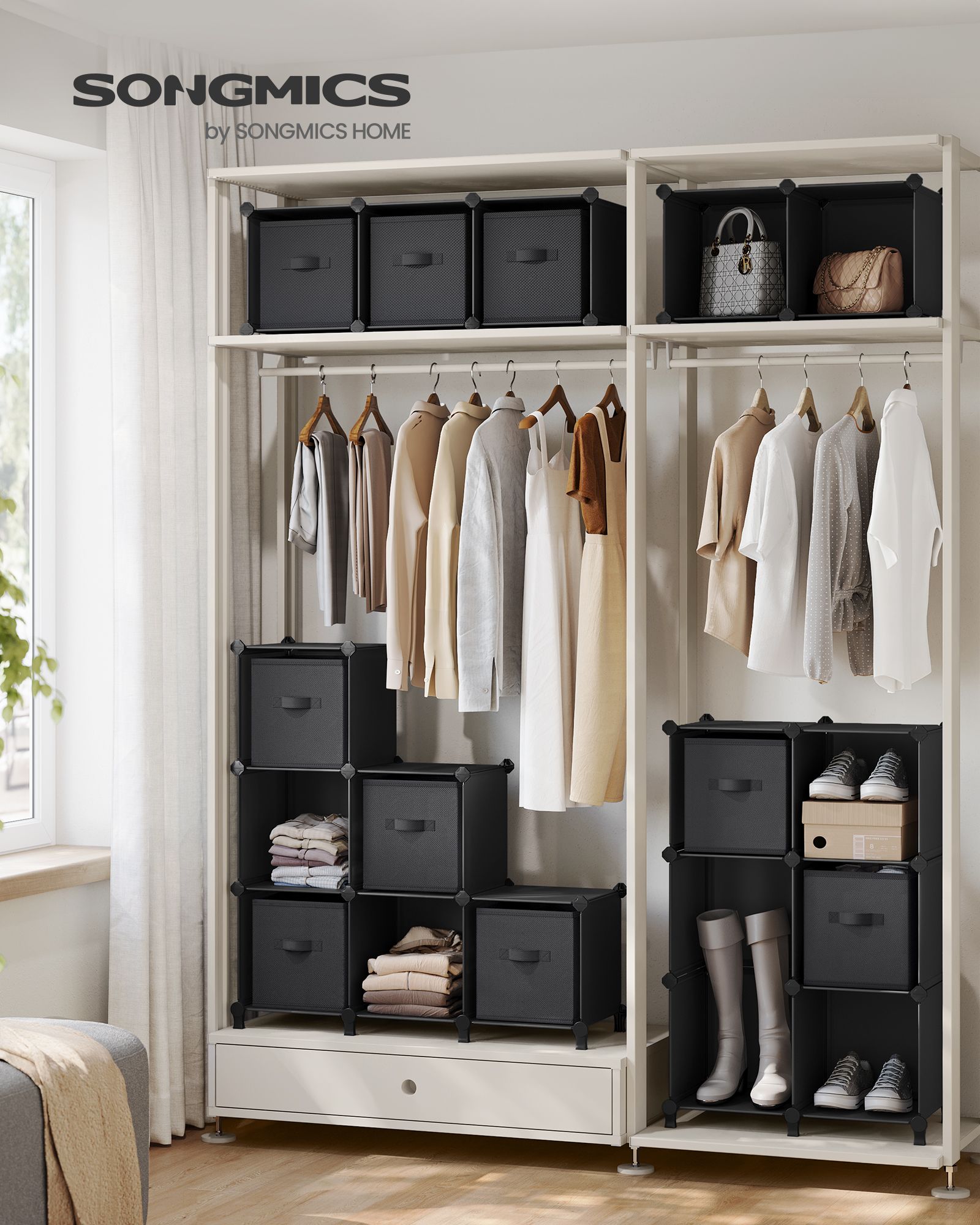 Cube Storage Organiser – Non-Woven Fabric – Ink Black and Dove Grey – Customisable Design with 16 Storage Boxes