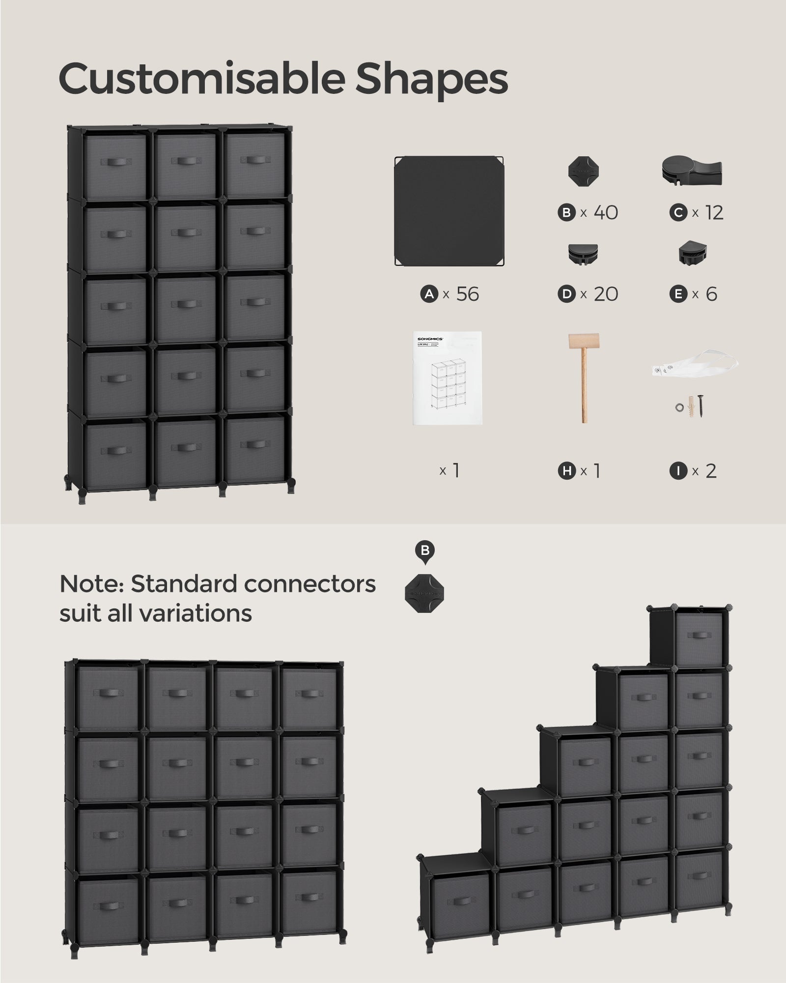 Cube Storage Organiser – Non-Woven Fabric – Ink Black and Dove Grey – Customisable Design with 16 Storage Boxes