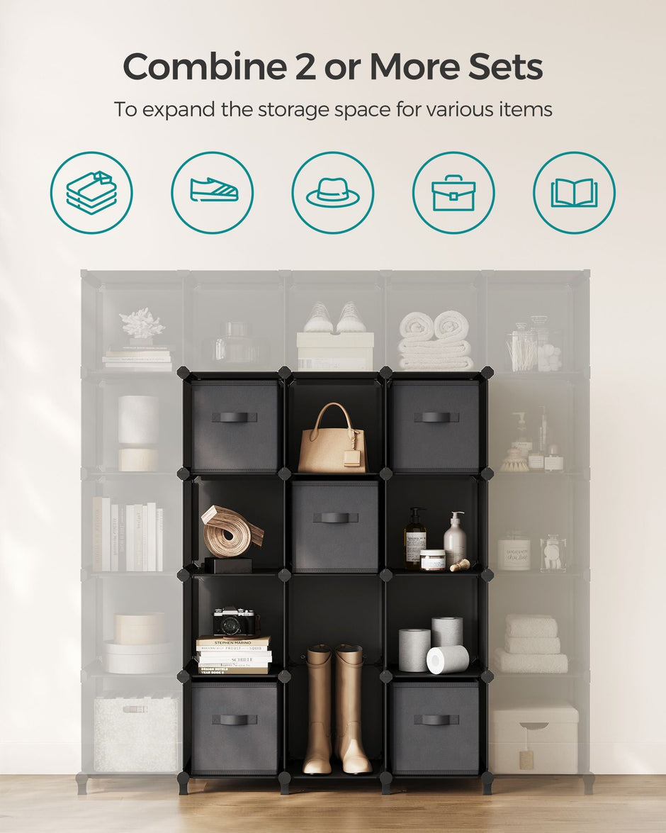 Cube Storage Organiser – Non-Woven Fabric – Ink Black and Dove Grey – Customisable Design with 16 Storage Boxes