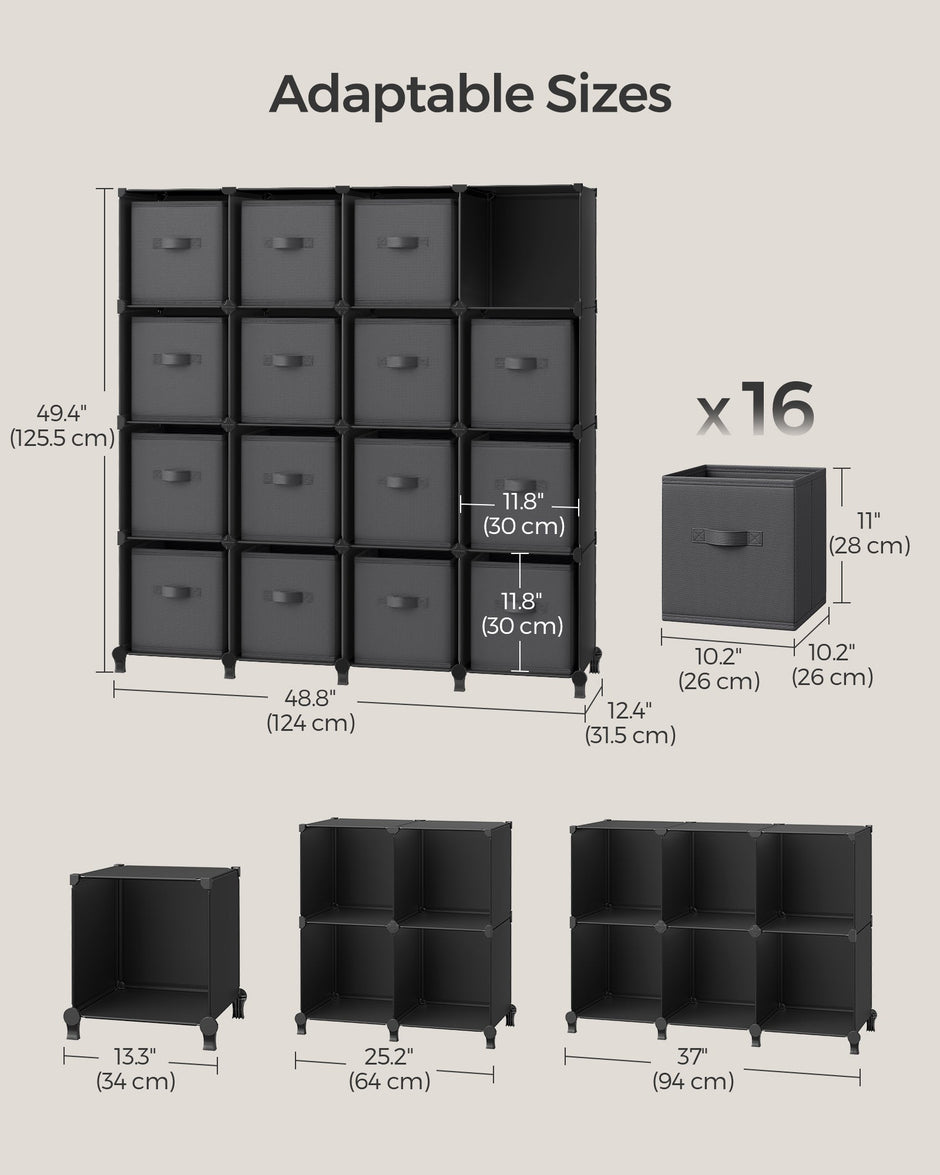 Cube Storage Organiser – Non-Woven Fabric – Ink Black and Dove Grey – Customisable Design with 16 Storage Boxes