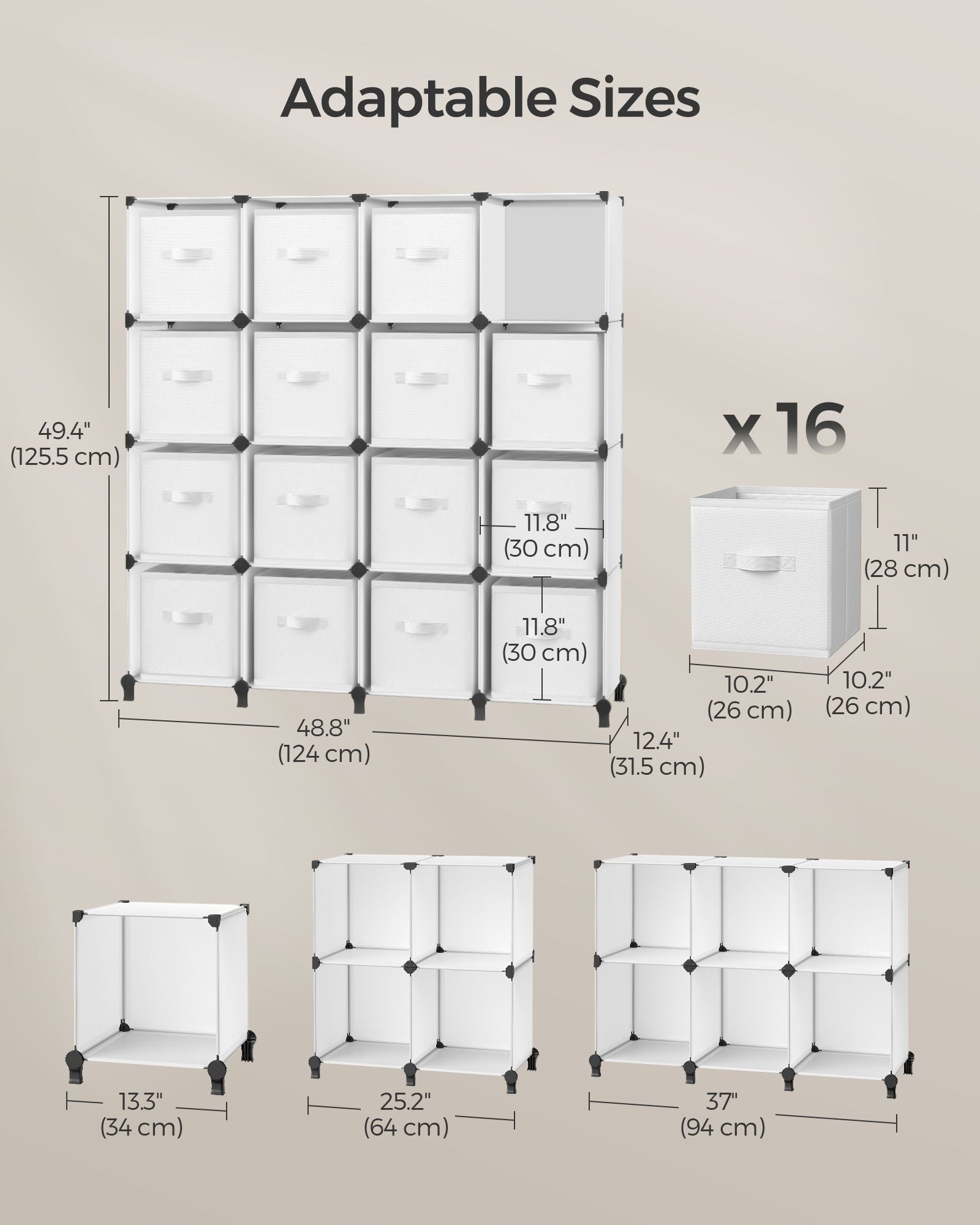 Cube Storage Organiser – Non-Woven Fabric – Cloud White – Customisable Shape with 16 Storage Boxes
