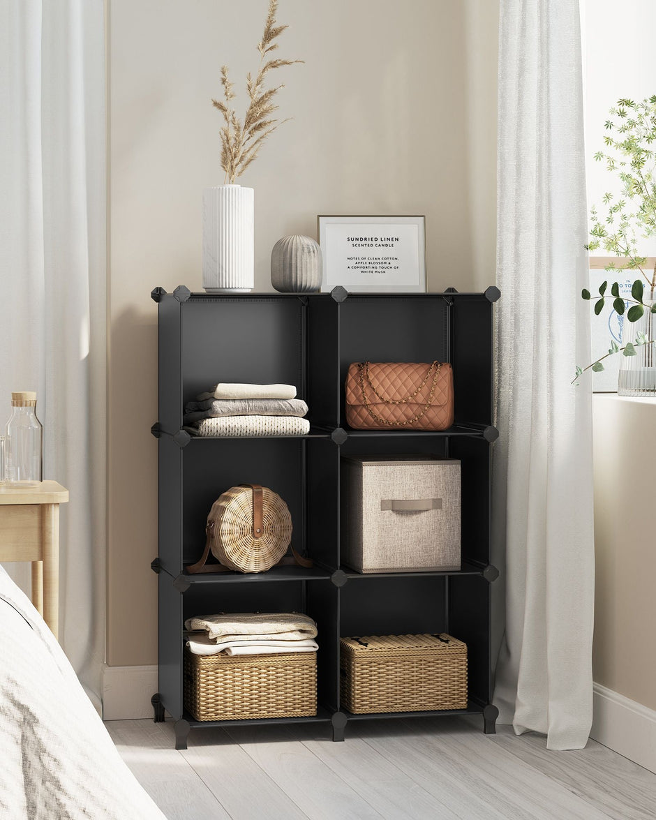 Cube Storage Organiser – Plastic – Ink Black – 6-Cube Design with Metal Grid Top