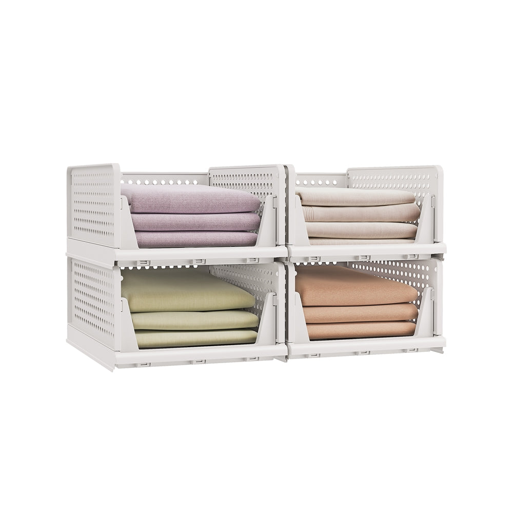 Stackable Storage Baskets – Fabric – White – Foldable and Organizational Set of 4