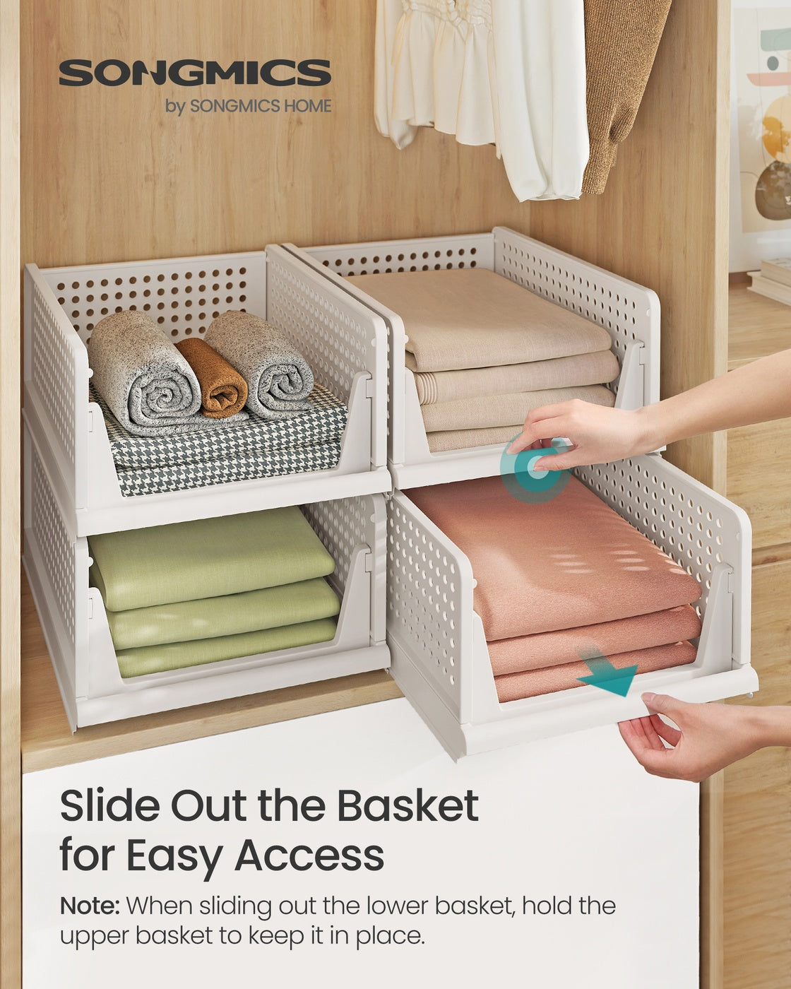 Stackable Storage Baskets – Fabric – White – Foldable and Organizational Set of 4