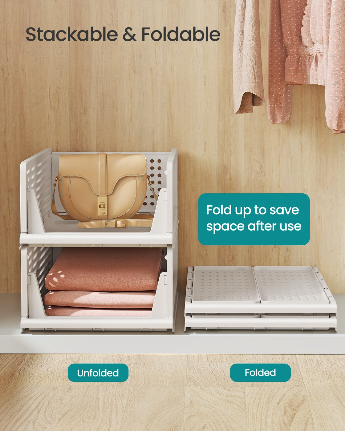 Stackable Storage Baskets – Fabric – White – Foldable and Organizational Set of 4