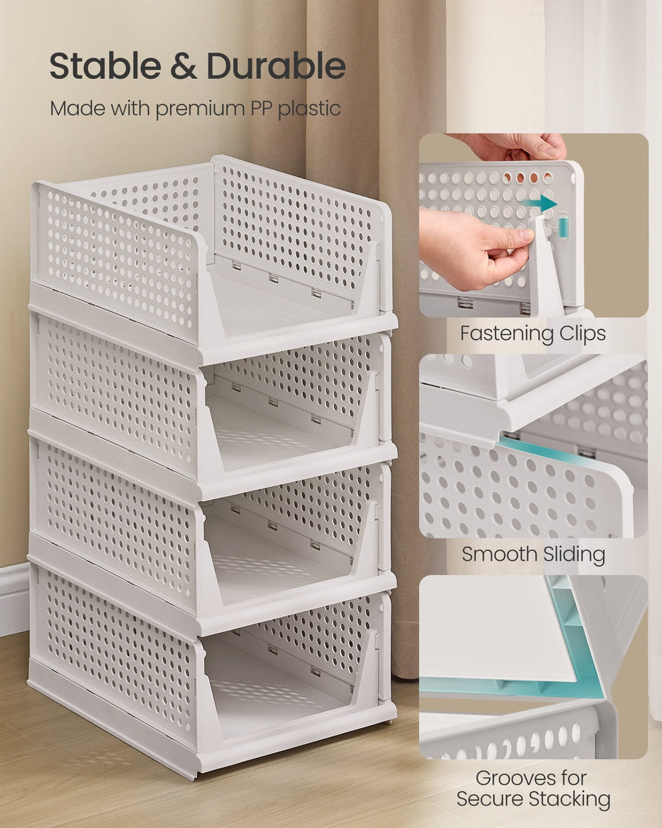Stackable Storage Baskets – Fabric – White – Foldable and Organizational Set of 4