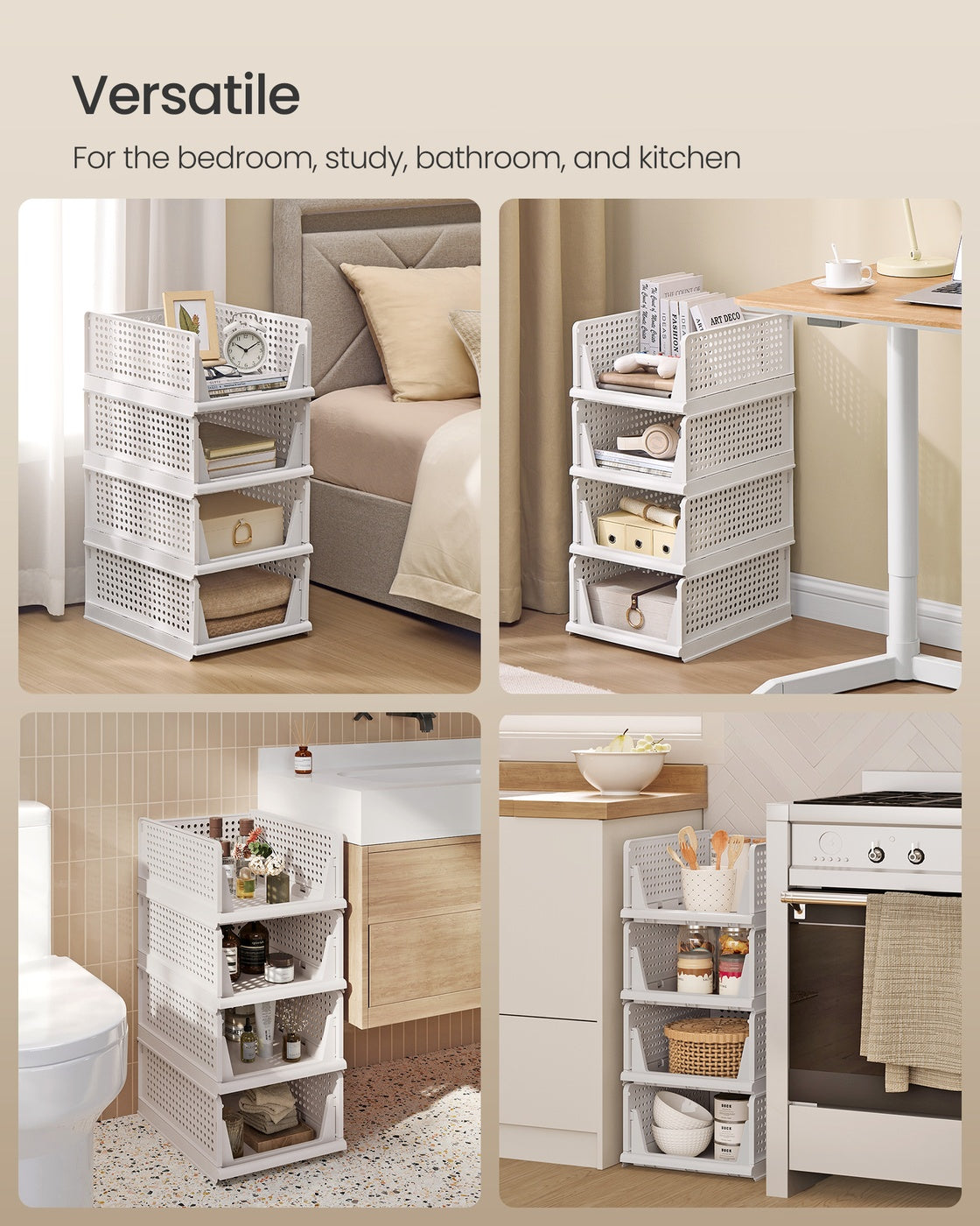 Stackable Storage Baskets – Fabric – White – Foldable and Organizational Set of 4