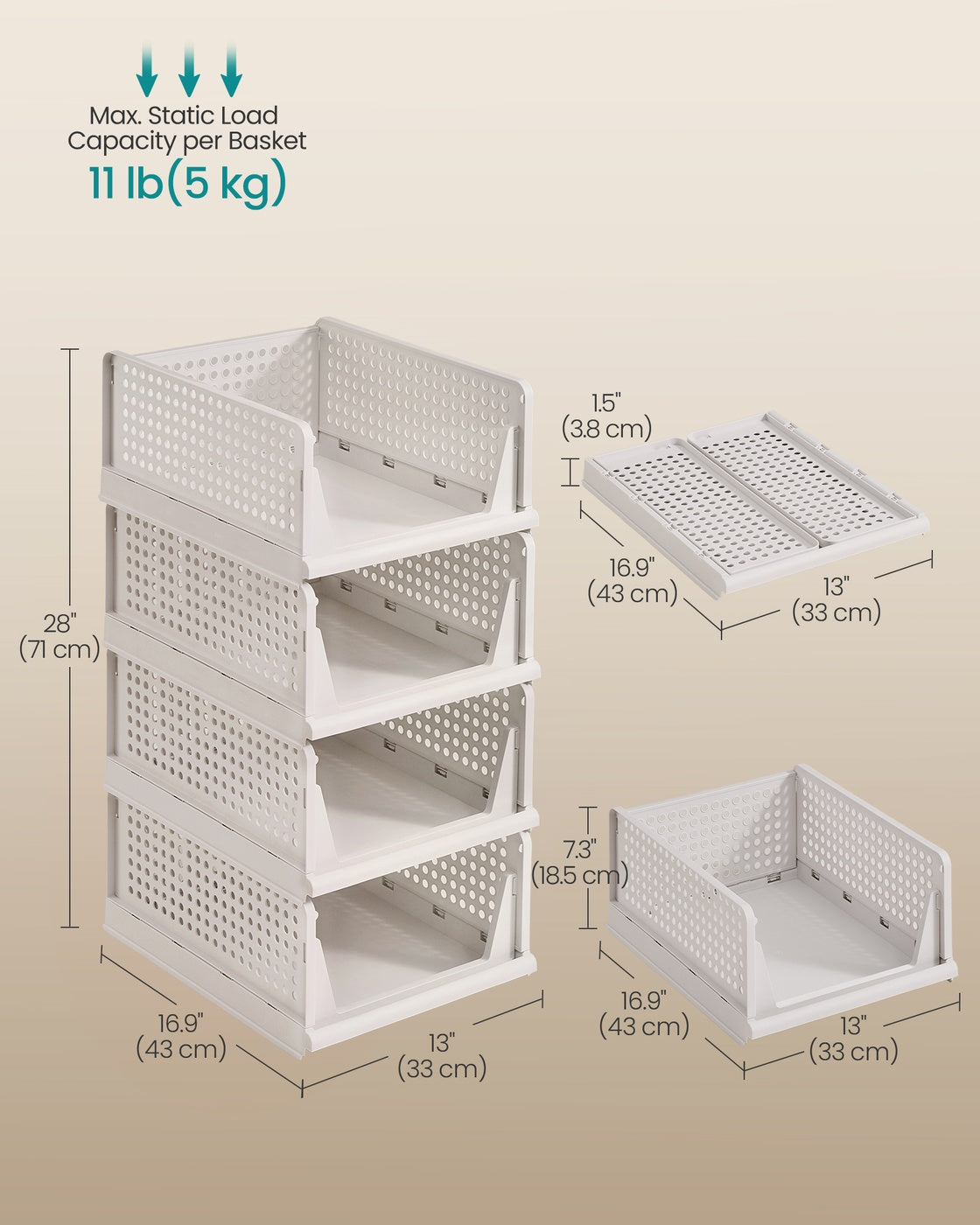 Stackable Storage Baskets – Fabric – White – Foldable and Organizational Set of 4