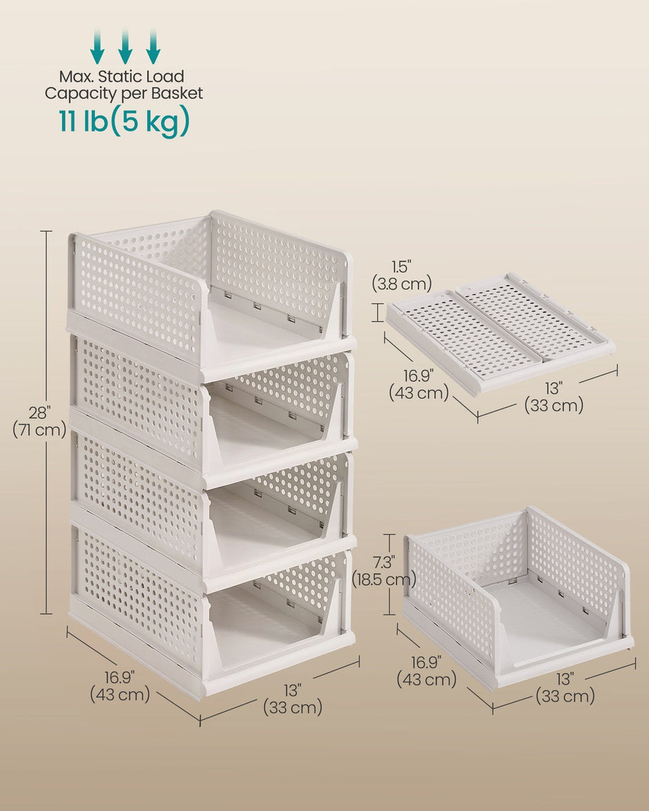 Stackable Storage Baskets – Fabric – White – Foldable and Organizational Set of 4