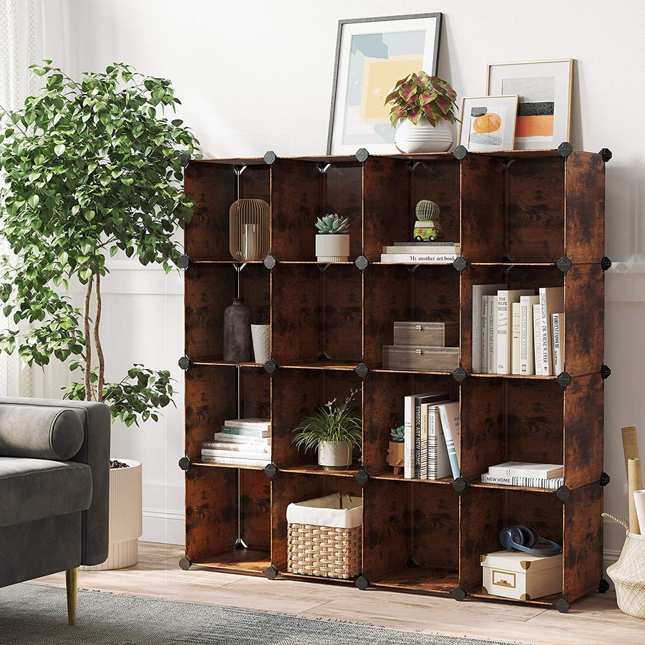 16-Cube Storage Organizer – PP Plastic – Rustic Brown – Stackable DIY Shelving System