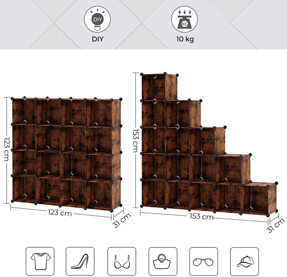 16-Cube Storage Organizer – PP Plastic – Rustic Brown – Stackable DIY Shelving System