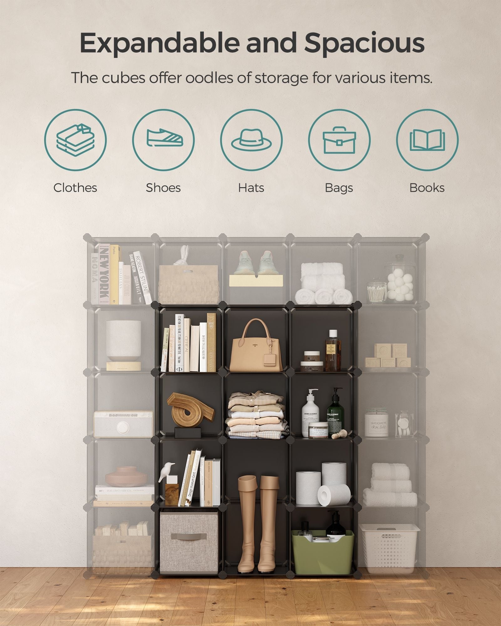 Cube Storage Organiser – PP Plastic – Slate Grey – 16 Stackable Cubes