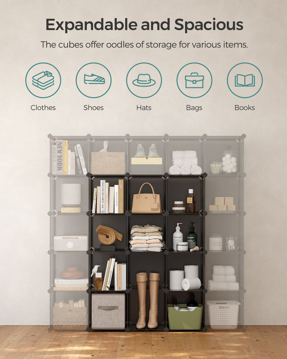 Cube Storage Organiser – PP Plastic – Slate Grey – 16 Stackable Cubes