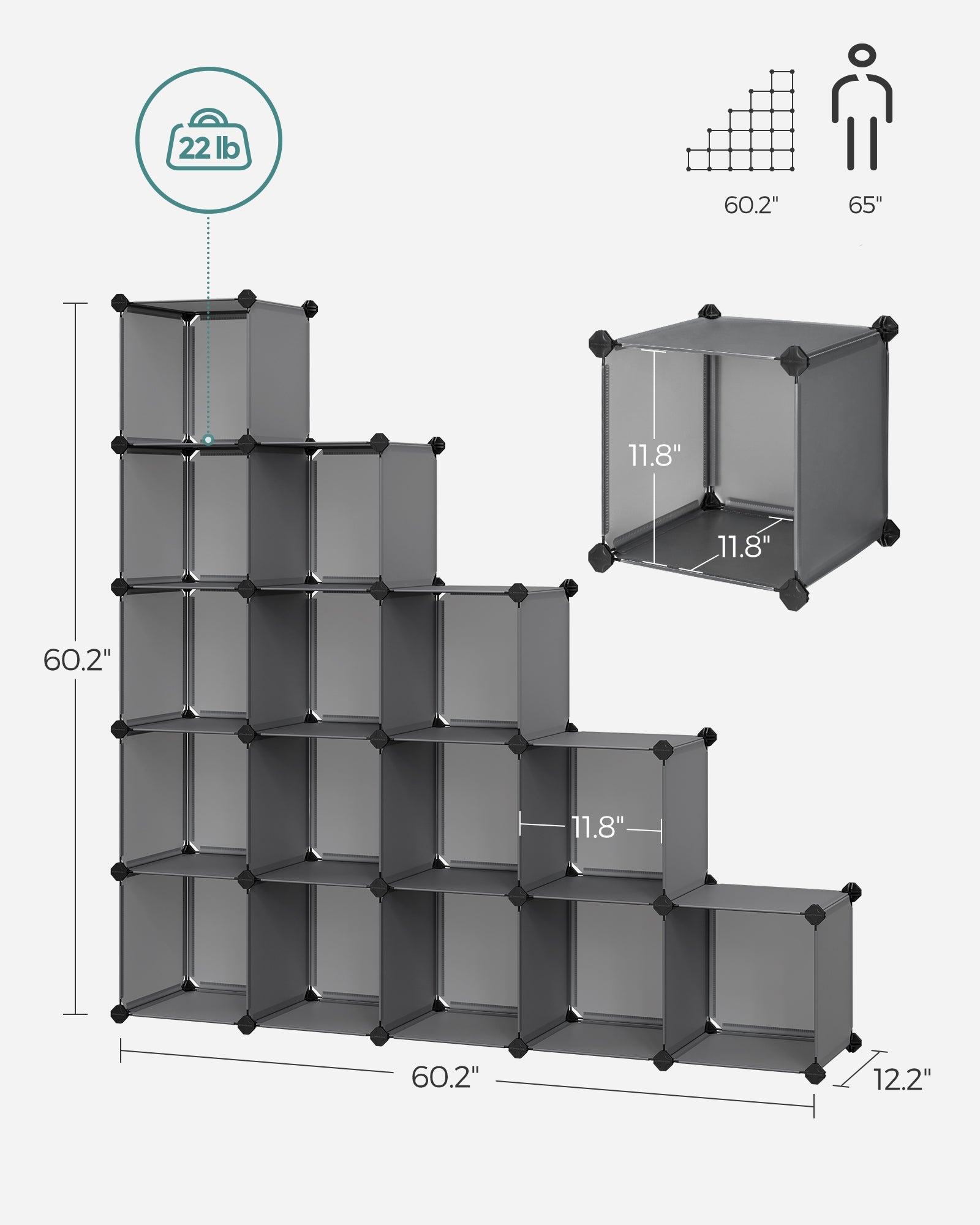 Cube Storage Organiser – PP Plastic – Slate Grey – 16 Stackable Cubes