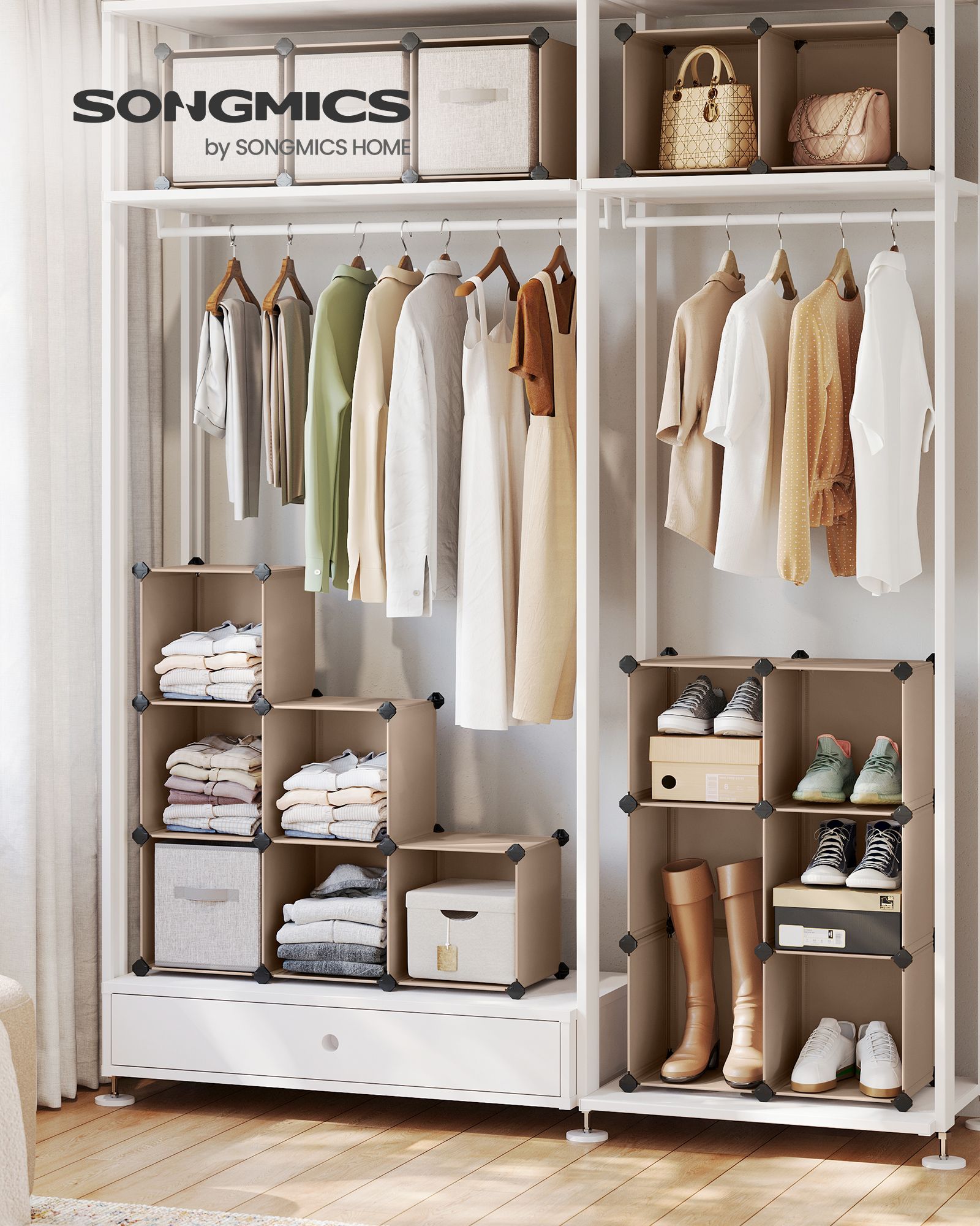 16-Cube Storage Unit – PP Plastic – Camel Brown – Stackable and Versatile Shelving System
