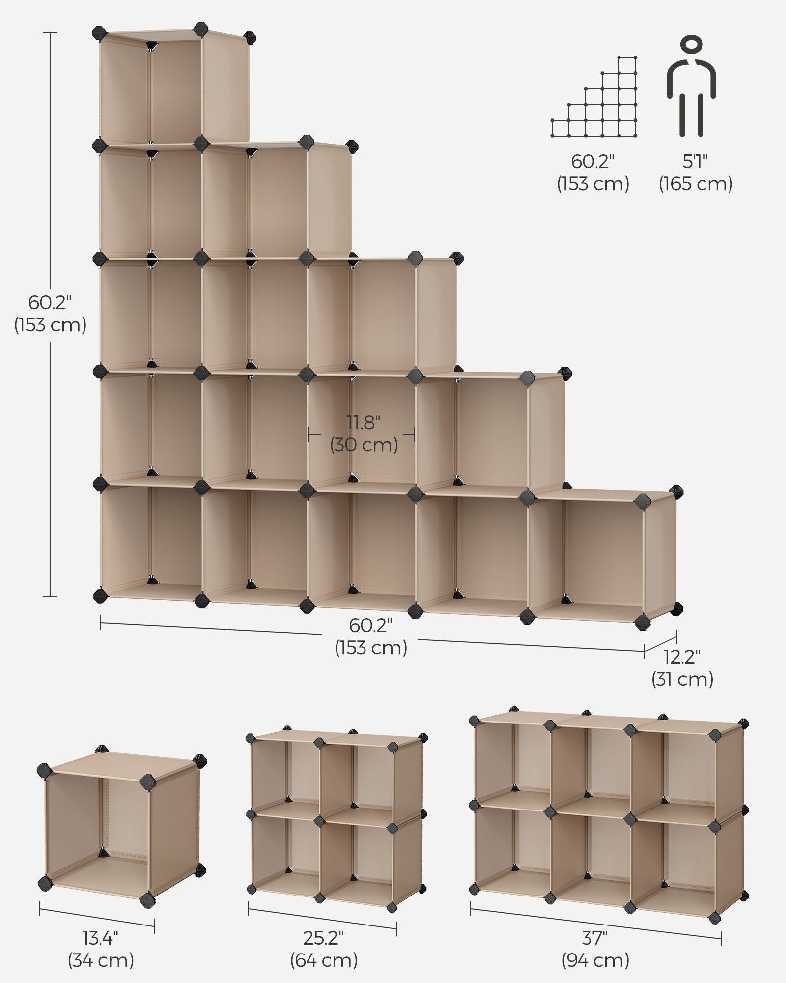 16-Cube Storage Unit – PP Plastic – Camel Brown – Stackable and Versatile Shelving System