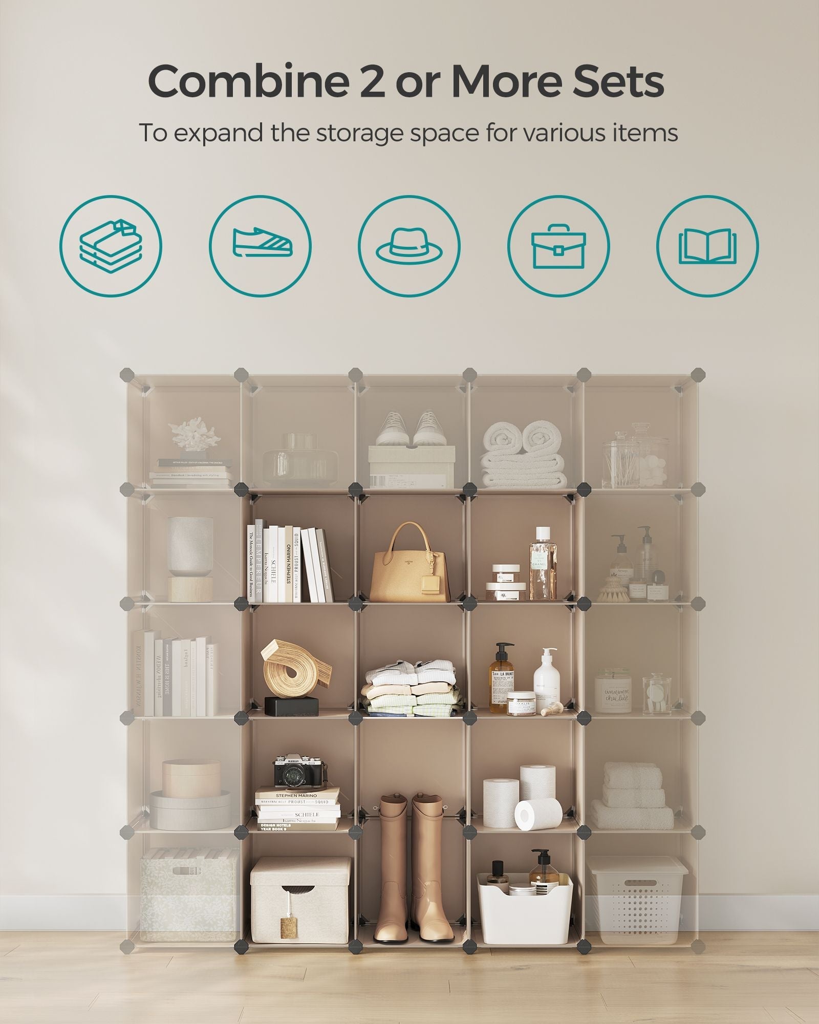 16-Cube Storage Unit – PP Plastic – Camel Brown – Stackable and Versatile Shelving System