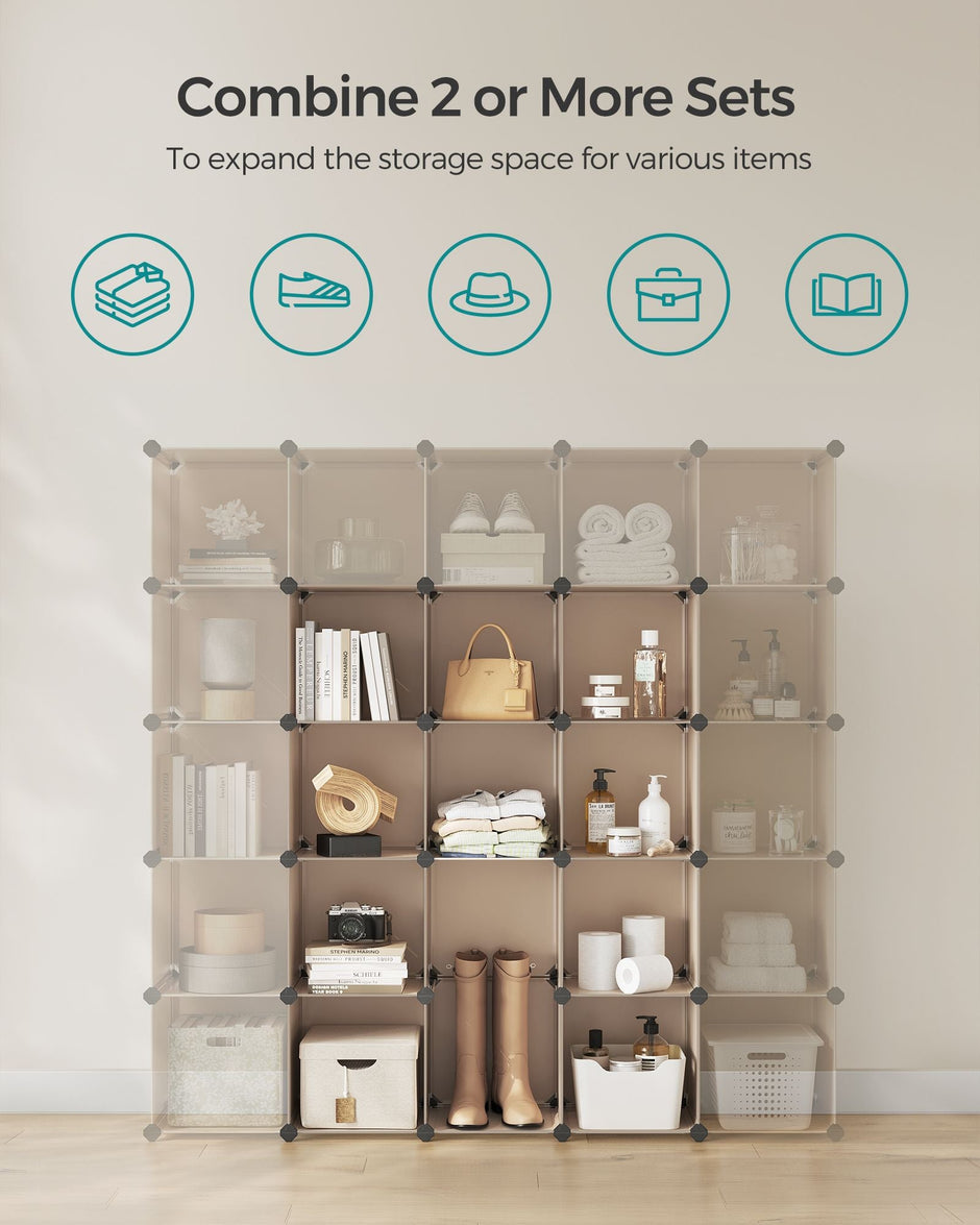 16-Cube Storage Unit – PP Plastic – Camel Brown – Stackable and Versatile Shelving System