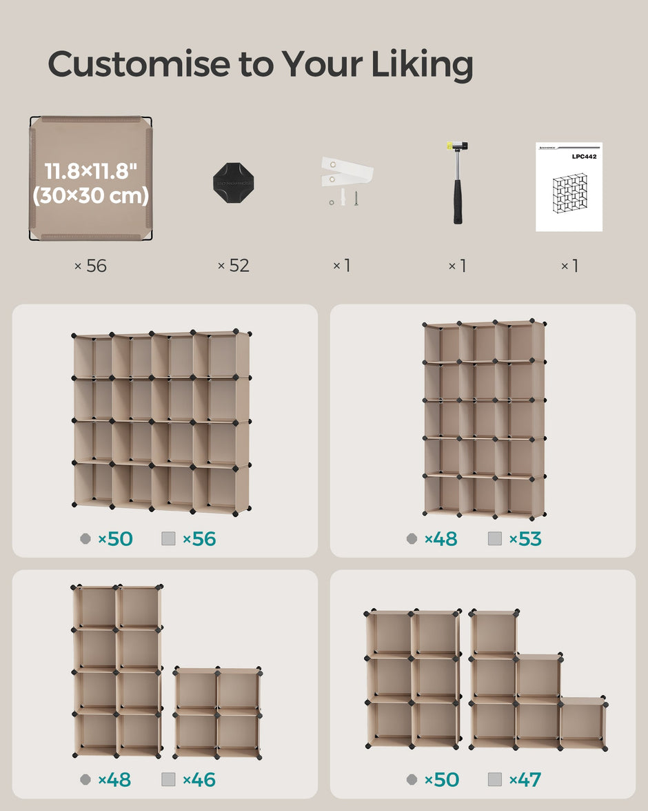 16-Cube Storage Unit – PP Plastic – Camel Brown – Stackable and Versatile Shelving System