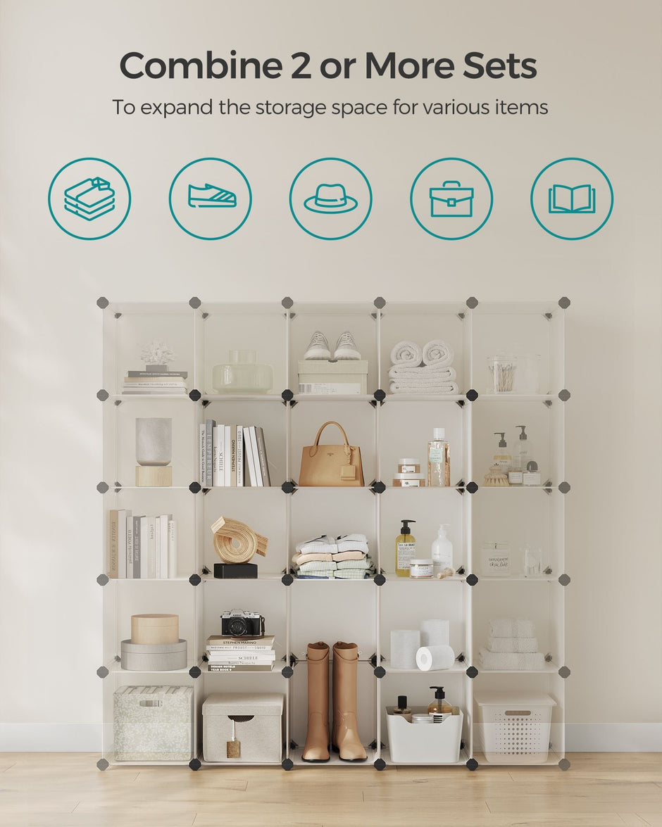 16-Cube Storage Unit – PP Plastic – Cream White – Stackable and Customizable Design