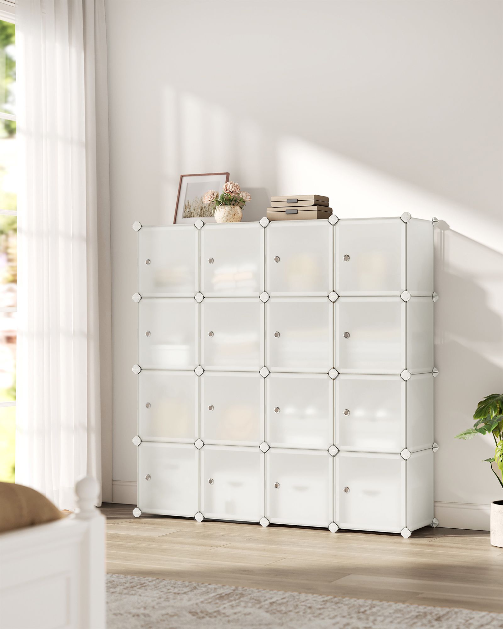 16-Cube Plastic Stackable Storage Unit – Cream White – Multi-Functional Organizer for Clothes, Shoes, Toys, and Books