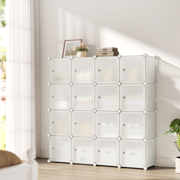 16-Cube Plastic Stackable Storage Unit – Cream White – Multi-Functional Organizer for Clothes, Shoes, Toys, and Books