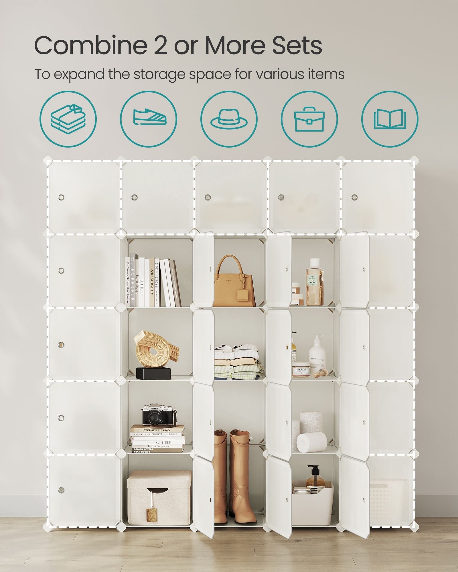16-Cube Plastic Stackable Storage Unit – Cream White – Multi-Functional Organizer for Clothes, Shoes, Toys, and Books