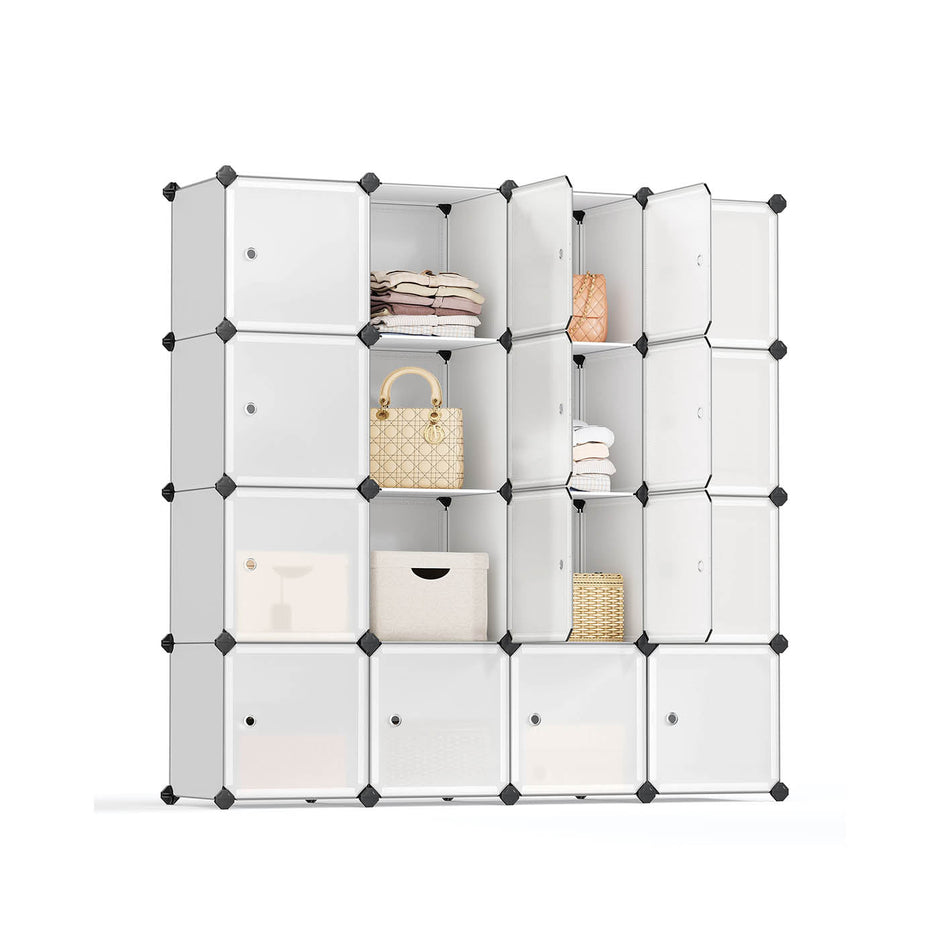 16 Cube Storage Organiser – Plastic – White – Easy to Assemble with Doors