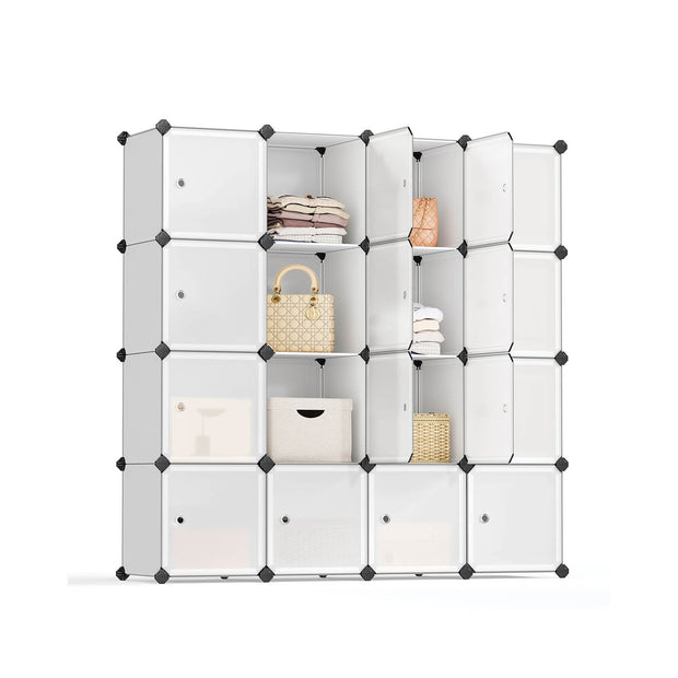 16 Cube Storage Organiser – Plastic – White – Easy to Assemble with Doors
