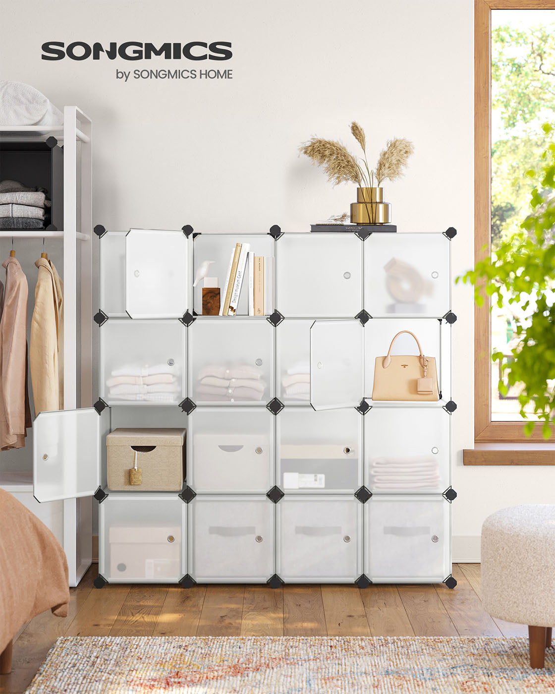 16 Cube Storage Organiser – Plastic – White – Easy to Assemble with Doors
