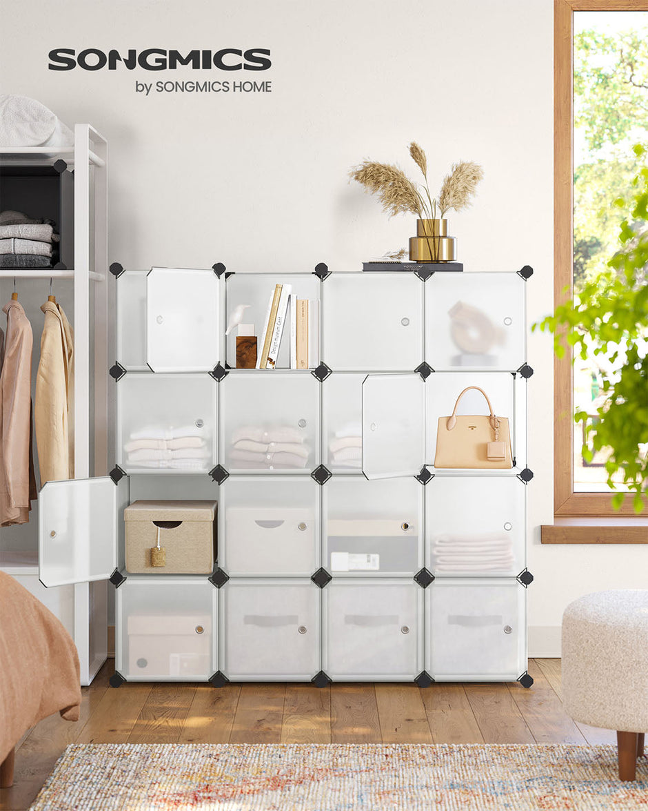 16 Cube Storage Organiser – Plastic – White – Easy to Assemble with Doors