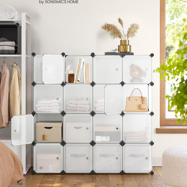 16 Cube Storage Organiser – Plastic – White – Easy to Assemble with Doors
