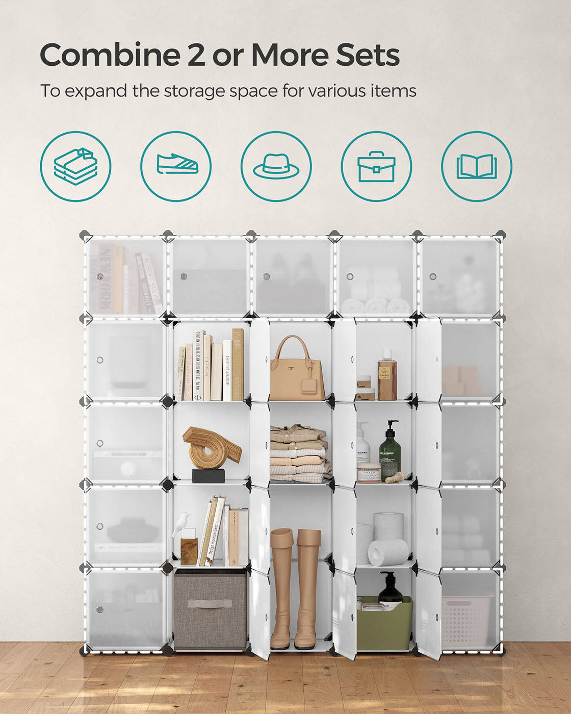 16 Cube Storage Organiser – Plastic – White – Easy to Assemble with Doors