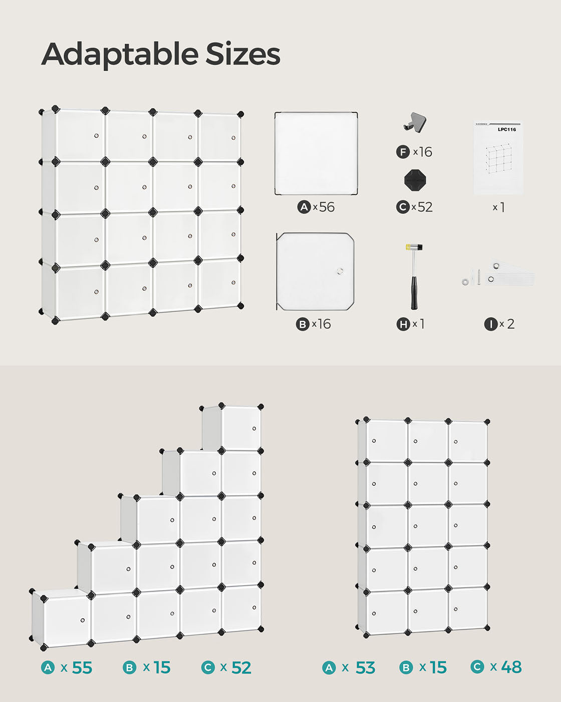 16 Cube Storage Organiser – Plastic – White – Easy to Assemble with Doors