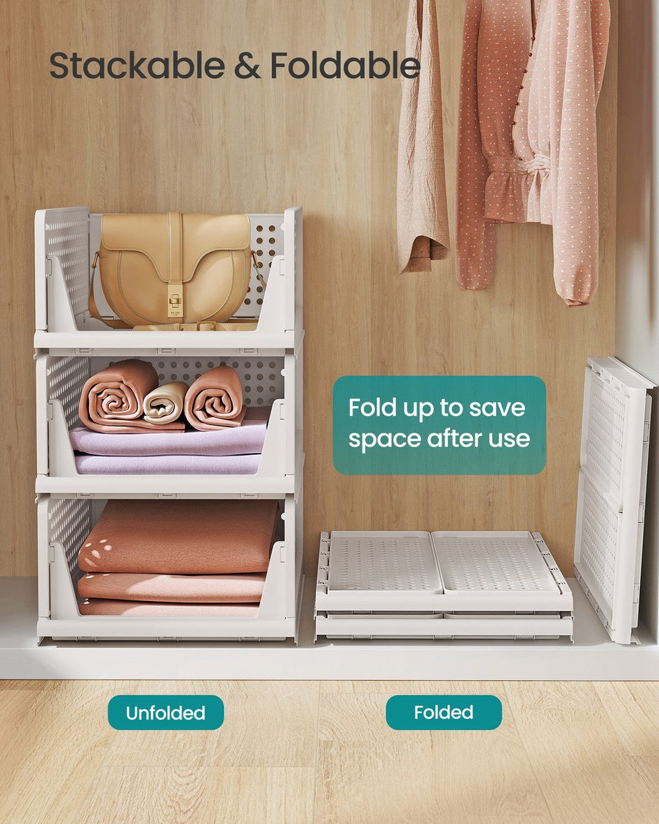 Stackable Storage Baskets – Fabric – White – Foldable and Organizational Set of 4