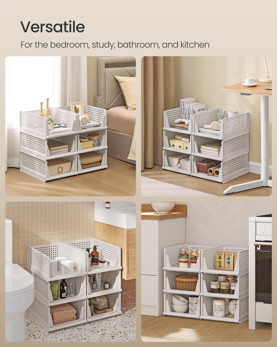 Stackable Storage Baskets – Fabric – White – Foldable and Organizational Set of 4