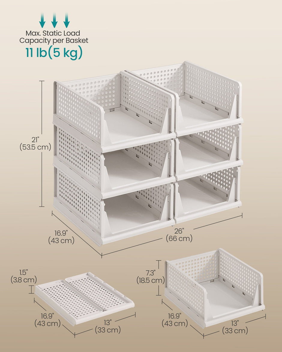 Stackable Storage Baskets – Fabric – White – Foldable and Organizational Set of 4