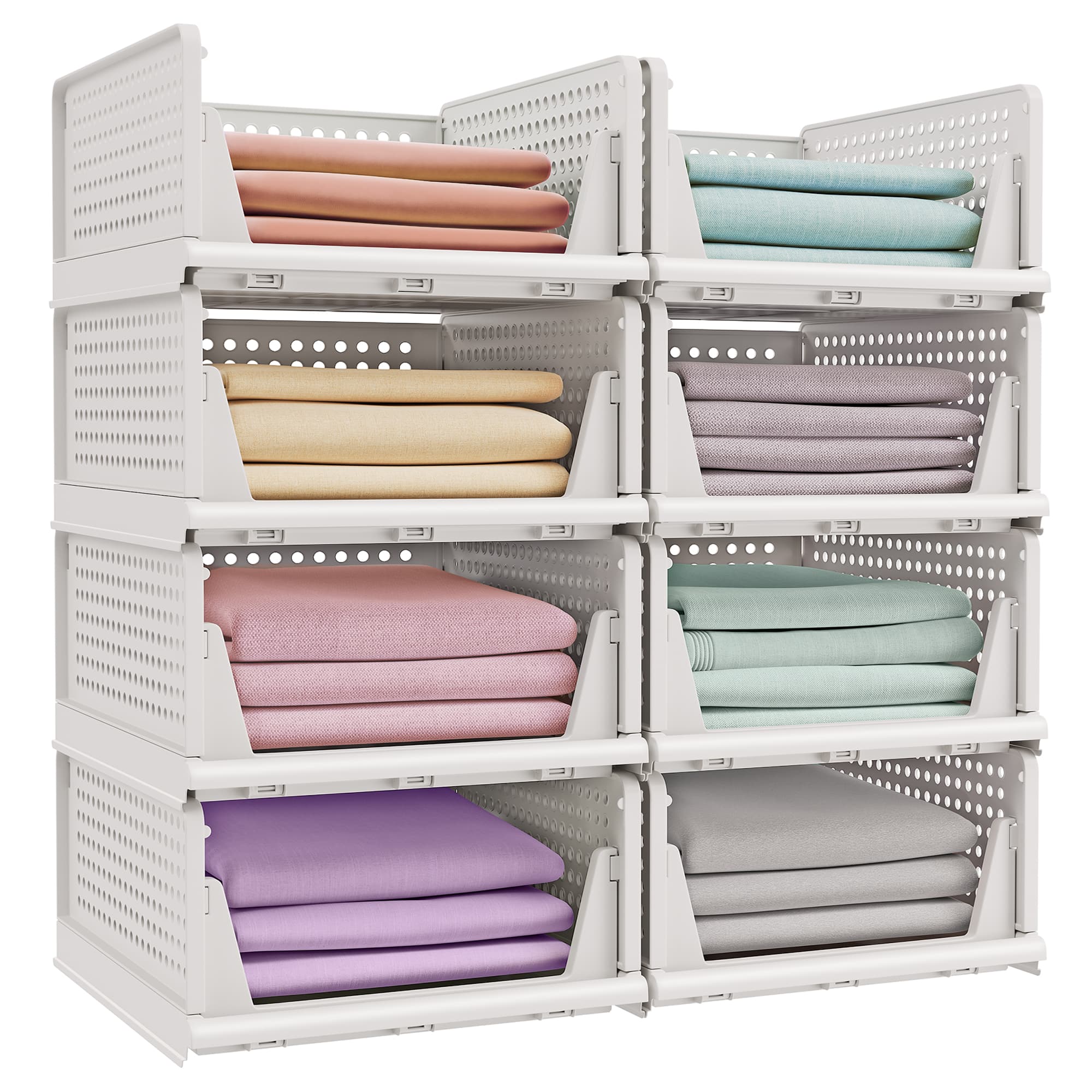 Stackable Storage Baskets – Fabric – White – Foldable and Organizational Set of 4