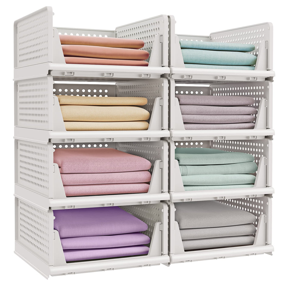 Stackable Storage Baskets – Fabric – White – Foldable and Organizational Set of 4