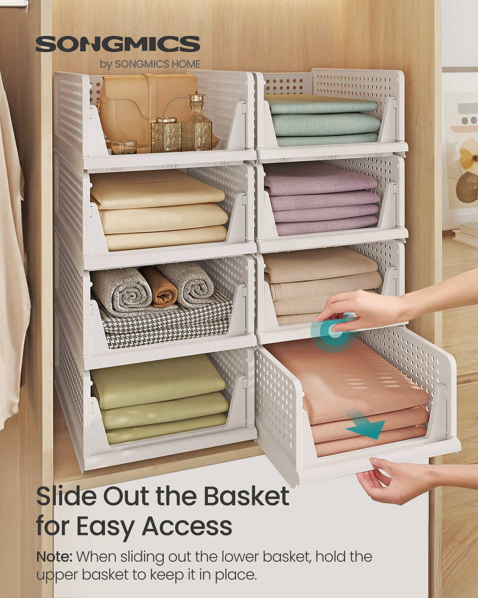 Stackable Storage Baskets – Fabric – White – Foldable and Organizational Set of 4