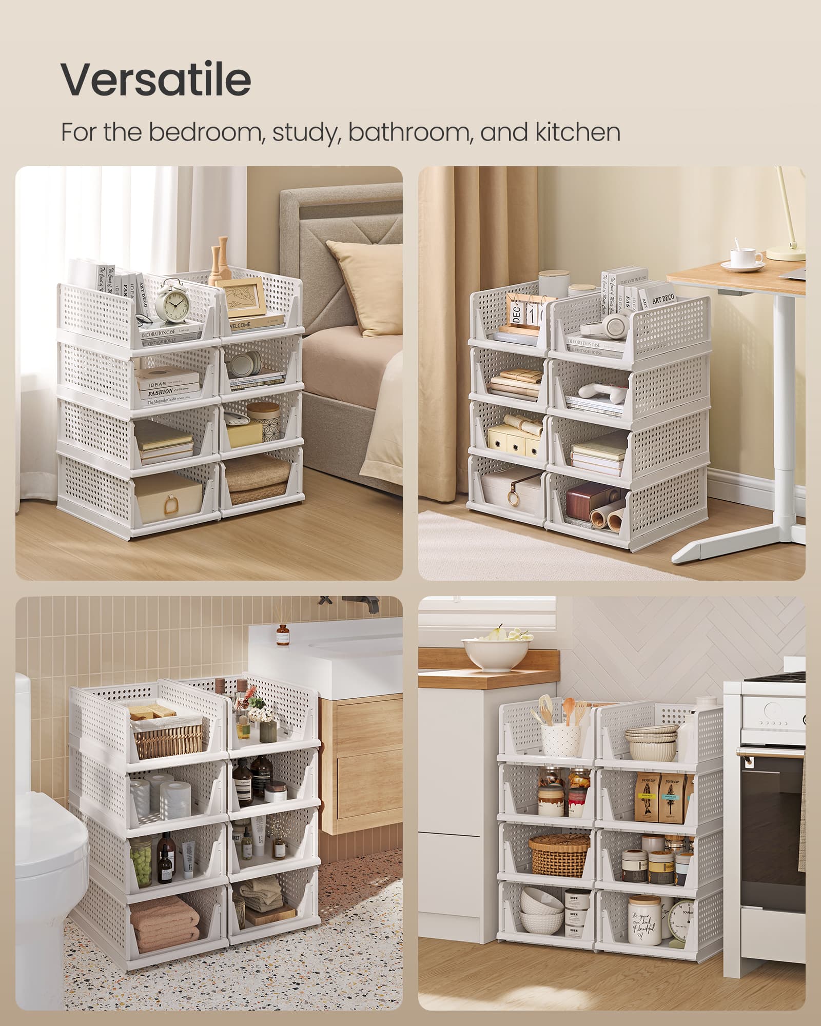 Stackable Storage Baskets – Fabric – White – Foldable and Organizational Set of 4
