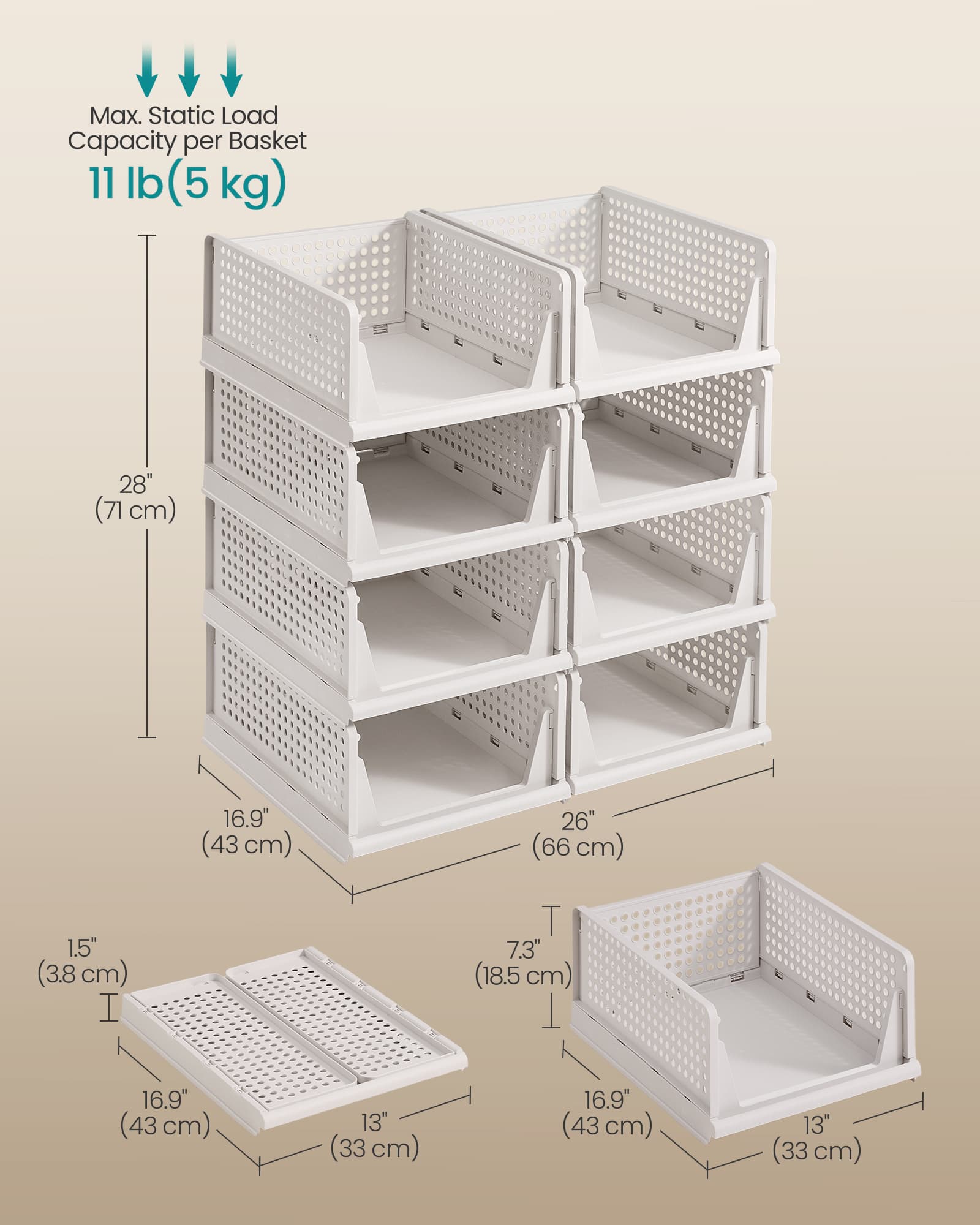 Stackable Storage Baskets – Fabric – White – Foldable and Organizational Set of 4