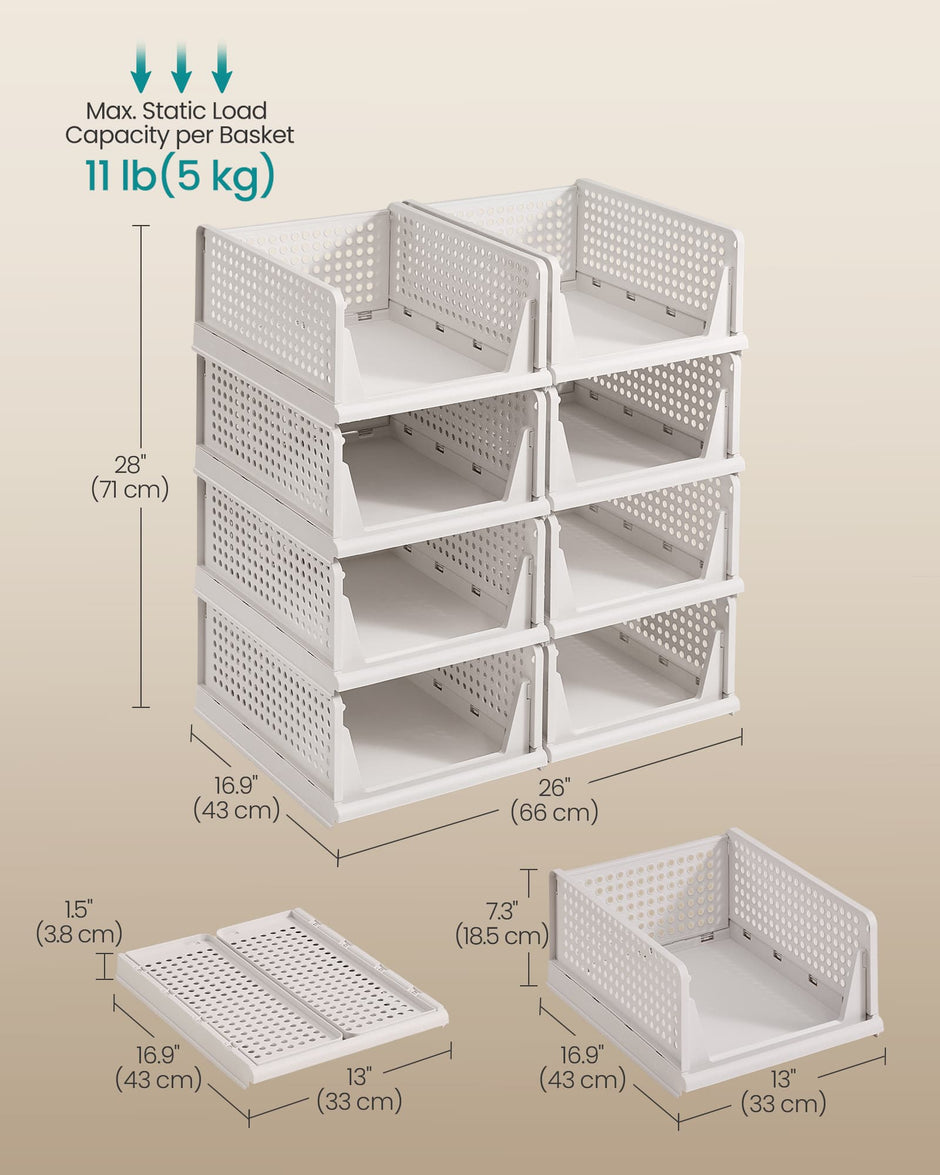 Stackable Storage Baskets – Fabric – White – Foldable and Organizational Set of 4