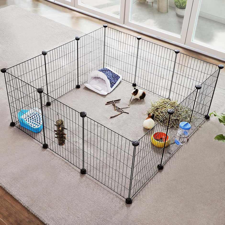 Guinea Pig Cage – Metal – Black – Modular 12-Panel Indoor Playpen with Assembly Tools
