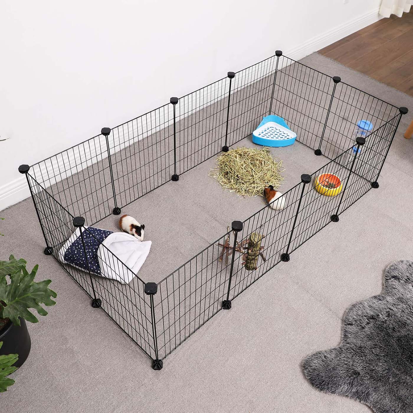 Guinea Pig Cage – Metal – Black – Modular 12-Panel Indoor Playpen with Assembly Tools