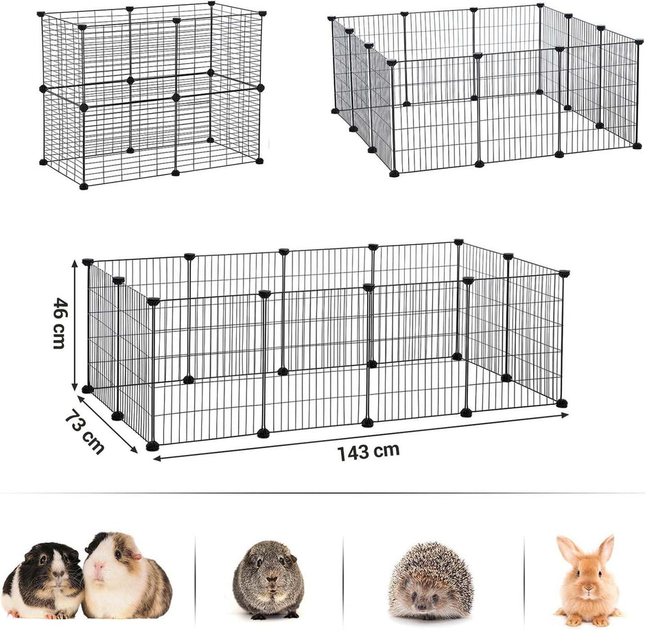 Guinea Pig Cage – Metal – Black – Modular 12-Panel Indoor Playpen with Assembly Tools
